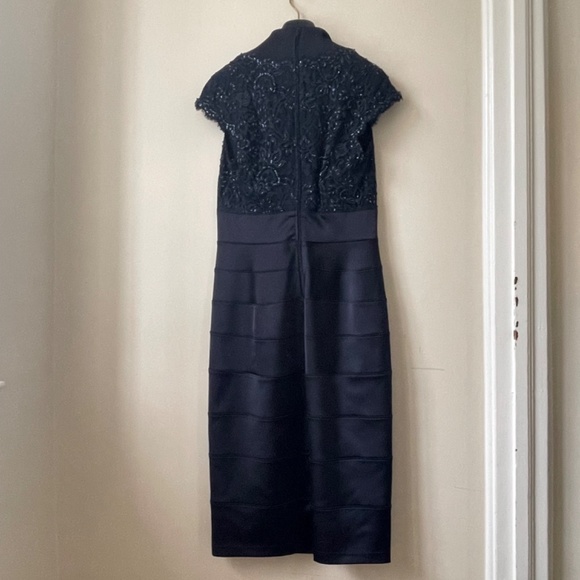 Beautiful Navy Dress with Cap Sleeves and Beaded Lace Bodice - Picture 4 of 12